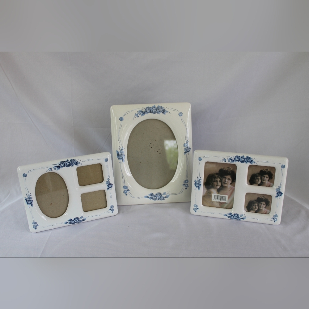 Blue And White Floral Ceramic Photo Frames Set of 3